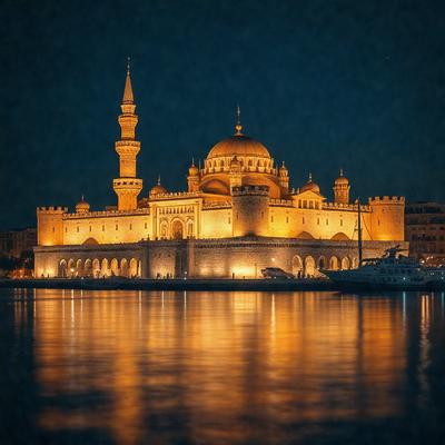 The primary subject of the image is a large, ornate building with a dome and a minaret, situated on a body of water. The building appears to be a palace or a mosque, with a beautiful architectural design. The setting is a nighttime scene, with the building's lights illuminating the area. The visual style of the image is a black and white photo, which adds a timeless and classic feel to the scene. The colors and mood of the image are predominantly dark, with the building